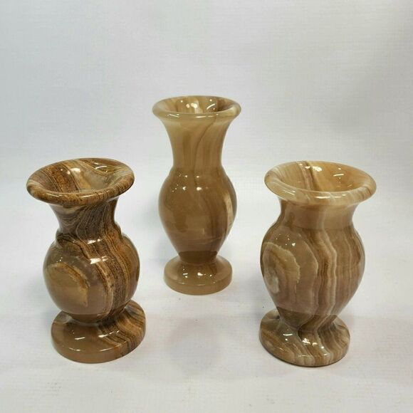 3 Vtg Onyx 4.5"/5.25" Marble Carved Natural Stone Bud Vases Neutral Earth Tones - Picture 1 of 12